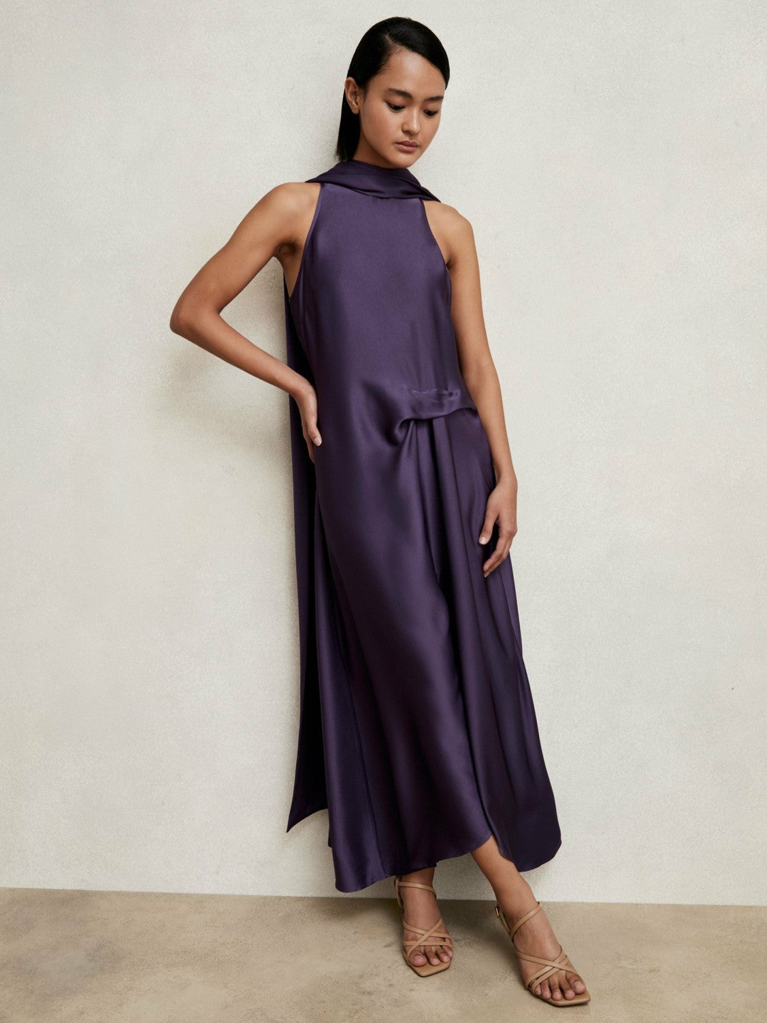 Petite Satin Tuck-Detail Cape Midi Dress in Purple | Reiss Women Signature
