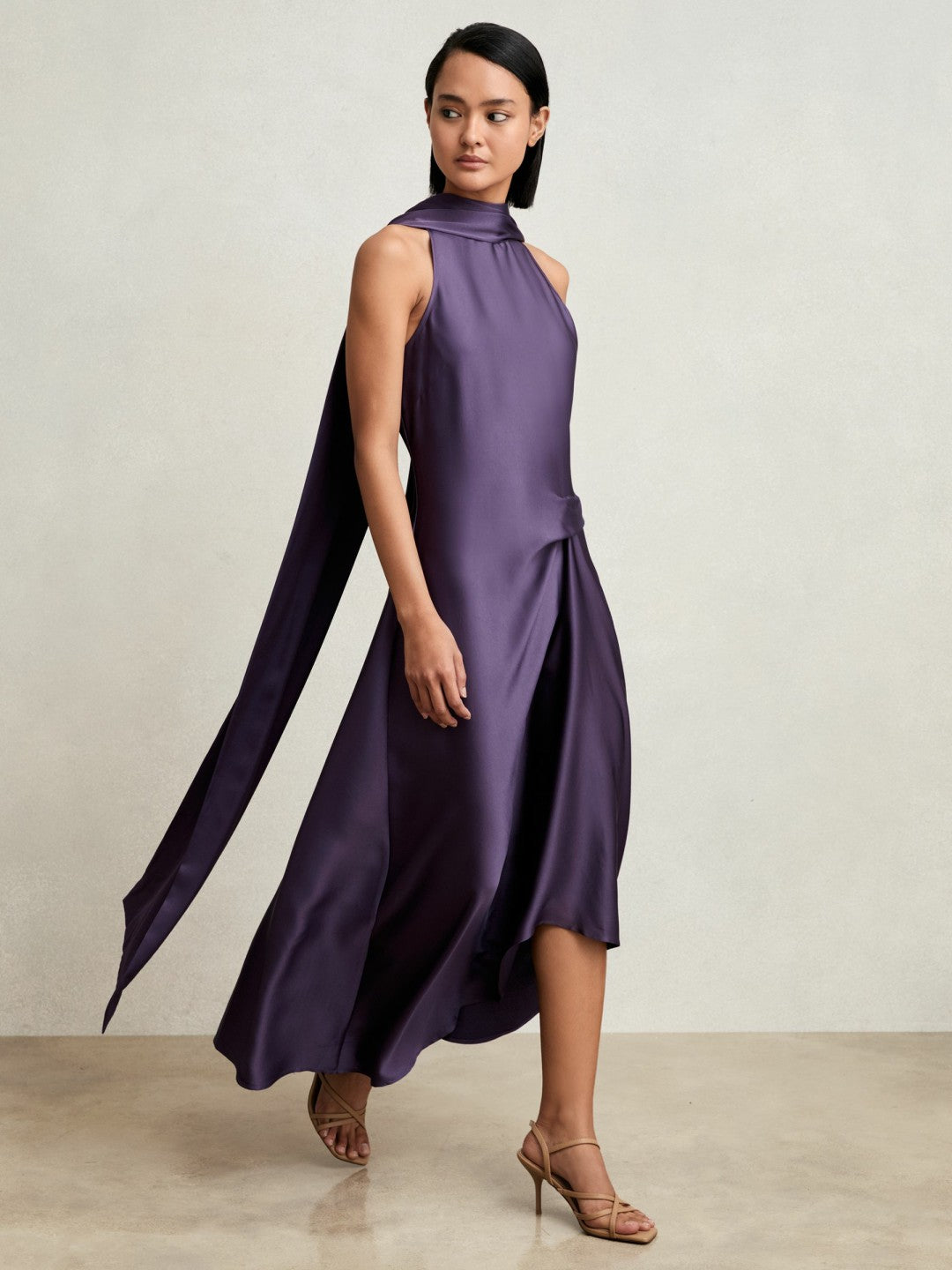 Petite Satin Tuck-Detail Cape Midi Dress in Purple | Reiss Women Signature
