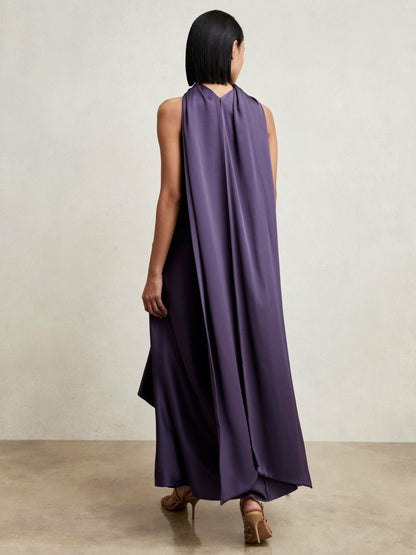 Petite Satin Tuck-Detail Cape Midi Dress in Purple | Reiss Women Signature