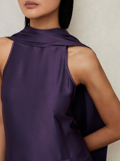 Petite Satin Tuck-Detail Cape Midi Dress in Purple | Reiss Women Signature