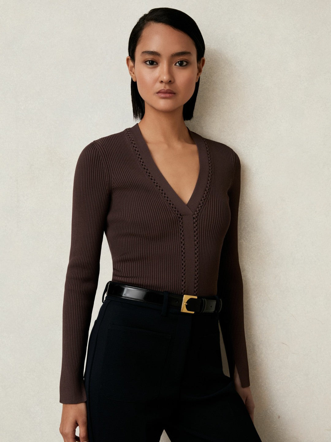 Craft-Stitch Rib-Knit Top in Mocha Brown | Reiss Women Recommended
