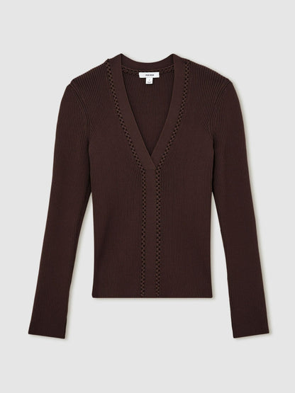 Craft-Stitch Rib-Knit Top in Mocha Brown | Reiss Women Recommended