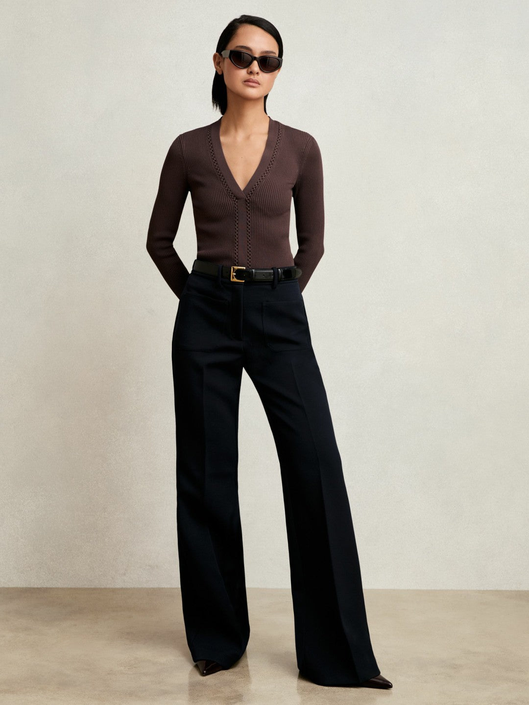 Craft-Stitch Rib-Knit Top in Mocha Brown | Reiss Women Recommended