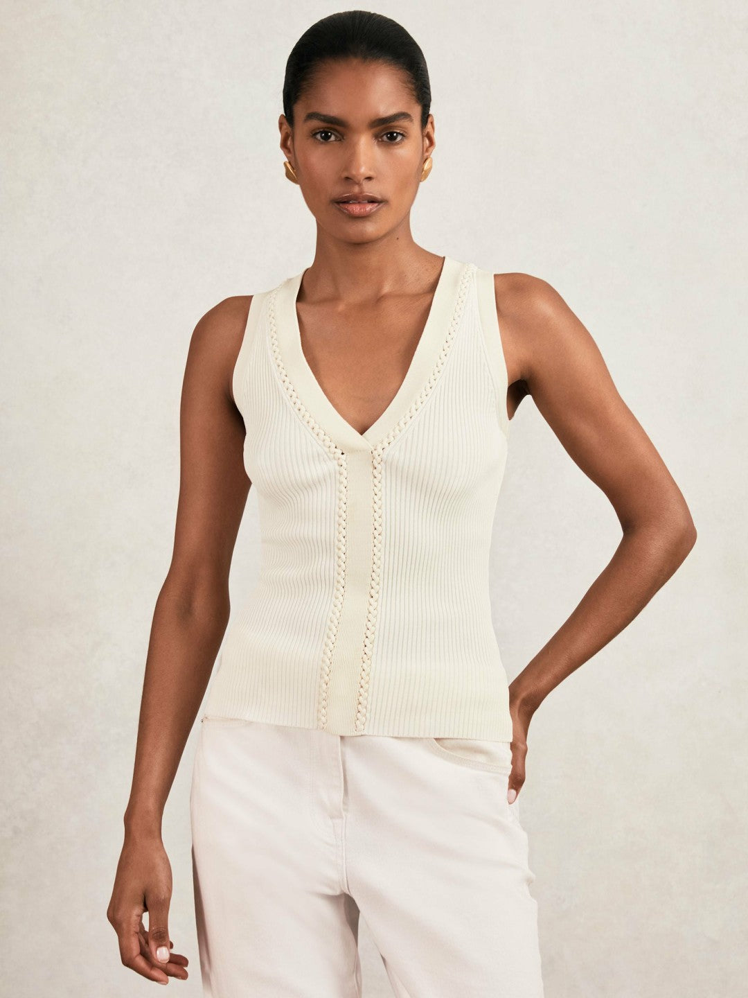Craft-Stitch Rib-Knit Vest in Ivory/Ecru | Reiss Women Signature