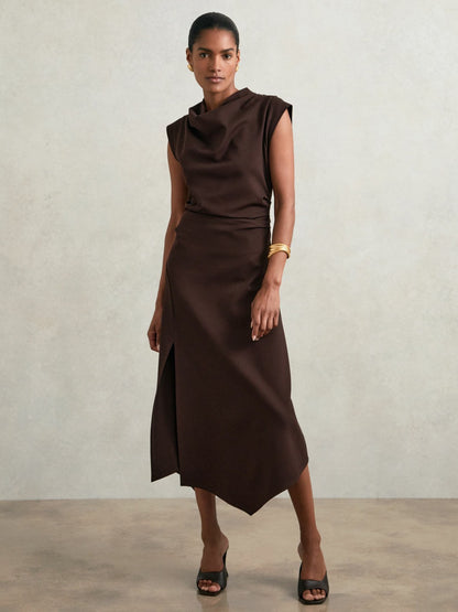 Twill-Jersey Draped Midi Dress in Burgundy | Reiss Women Trending