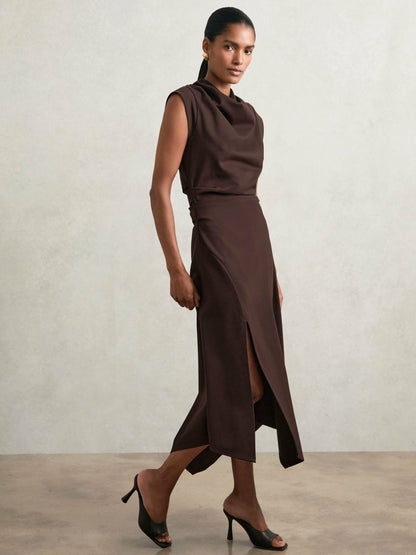 Twill-Jersey Draped Midi Dress in Burgundy | Reiss Women Trending
