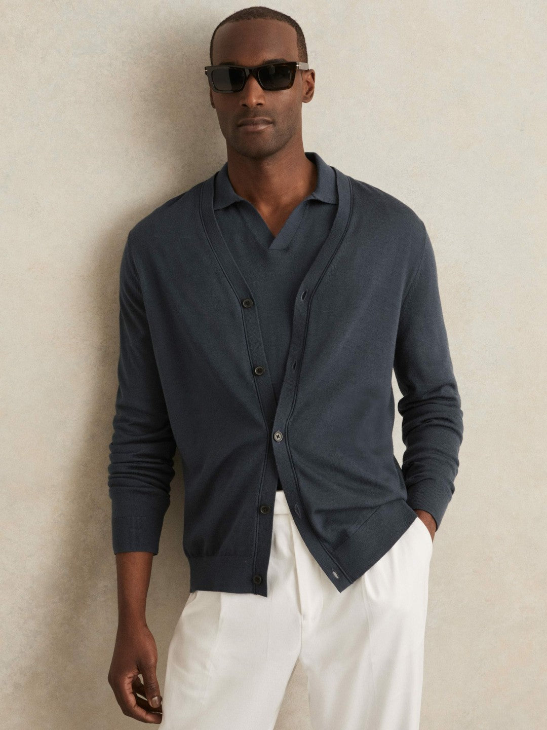 Merino Wool Button-Through Cardigan in Midnight Navy | Reiss Men Exclusive