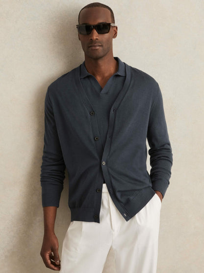 Merino Wool Button-Through Cardigan in Midnight Navy | Reiss Men Exclusive