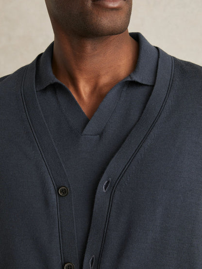 Merino Wool Button-Through Cardigan in Midnight Navy | Reiss Men Exclusive
