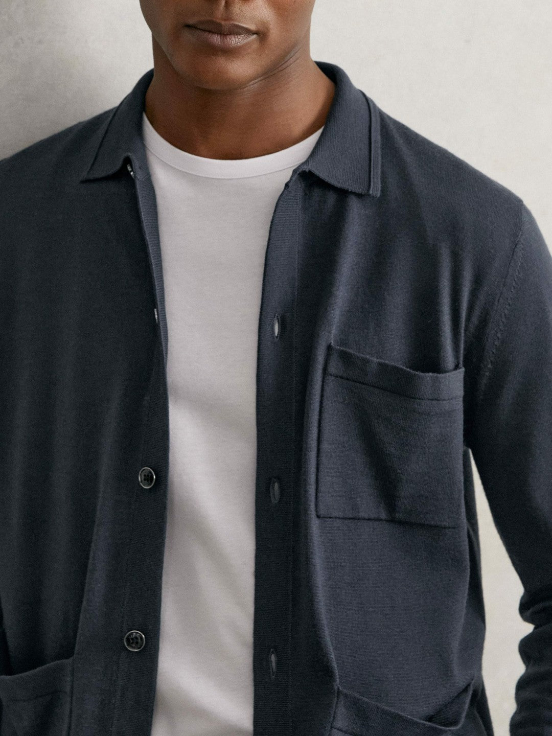 Merino Wool Button-Through Shirt in Midnight Navy | Reiss Men New