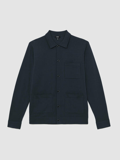 Merino Wool Button-Through Shirt in Midnight Navy | Reiss Men New