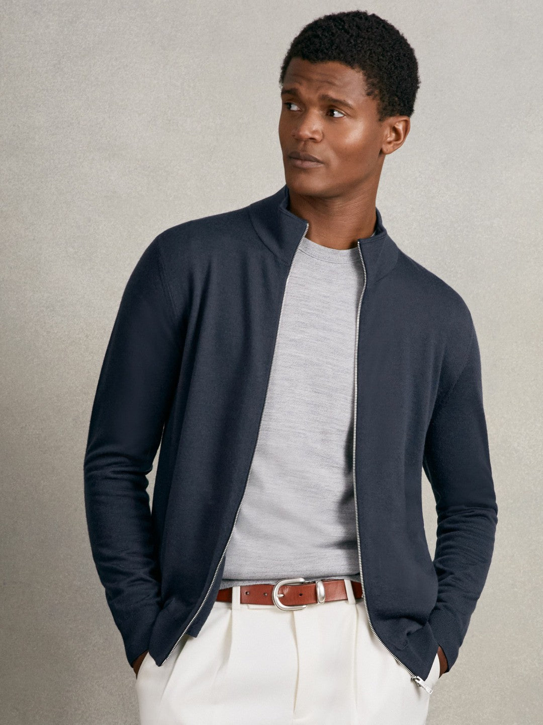 Merino Wool Zip Through Cardigan in Midnight Navy | Reiss Men Exclusive