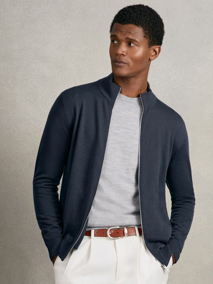 Merino Wool Zip Through Cardigan in Midnight Navy | Reiss Men Exclusive