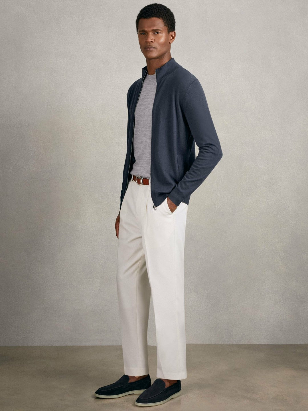 Merino Wool Zip Through Cardigan in Midnight Navy | Reiss Men Exclusive