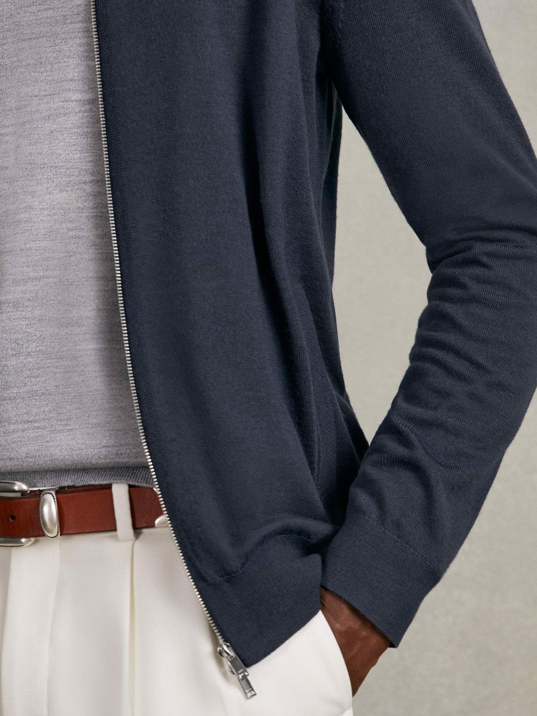 Merino Wool Zip Through Cardigan in Midnight Navy | Reiss Men Exclusive