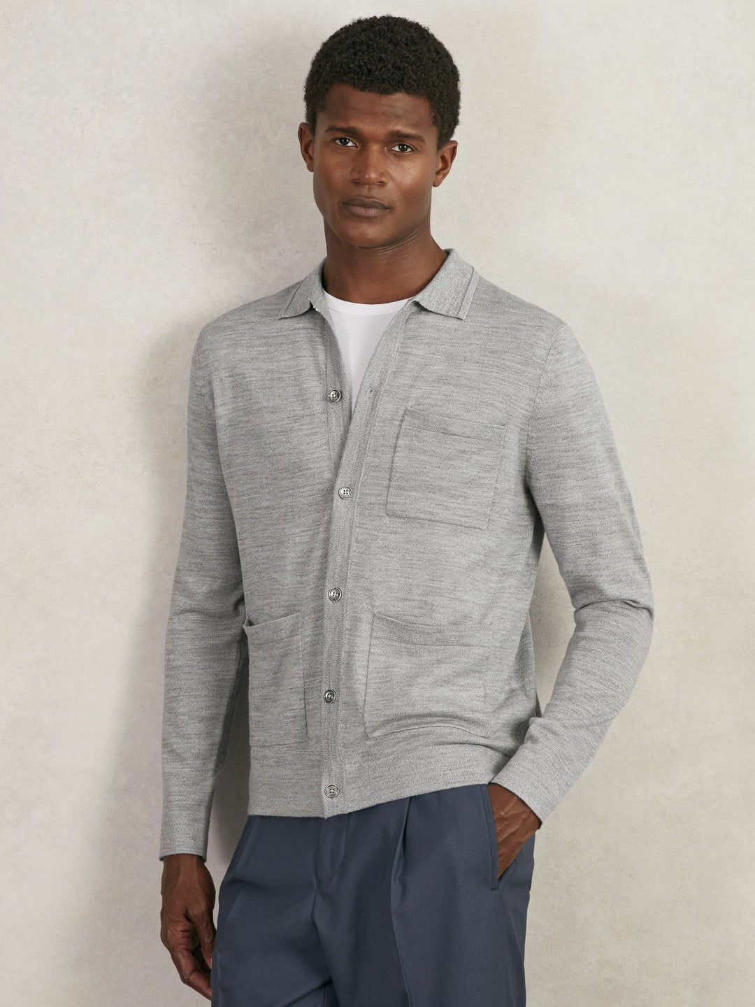 Merino Wool Button-Through Shirt in Soft Grey Mouline | Reiss Men Recommended