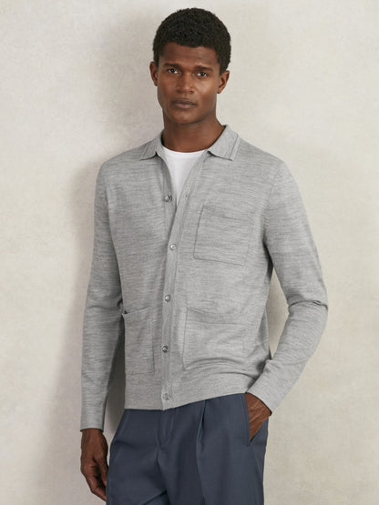 Merino Wool Button-Through Shirt in Soft Grey Mouline | Reiss Men Recommended