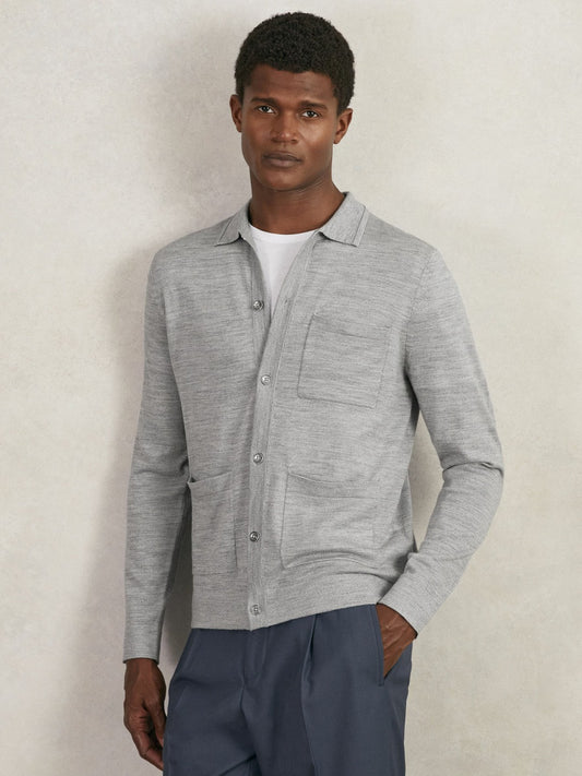 Merino Wool Button-Through Shirt in Soft Grey Mouline | Reiss Men Recommended
