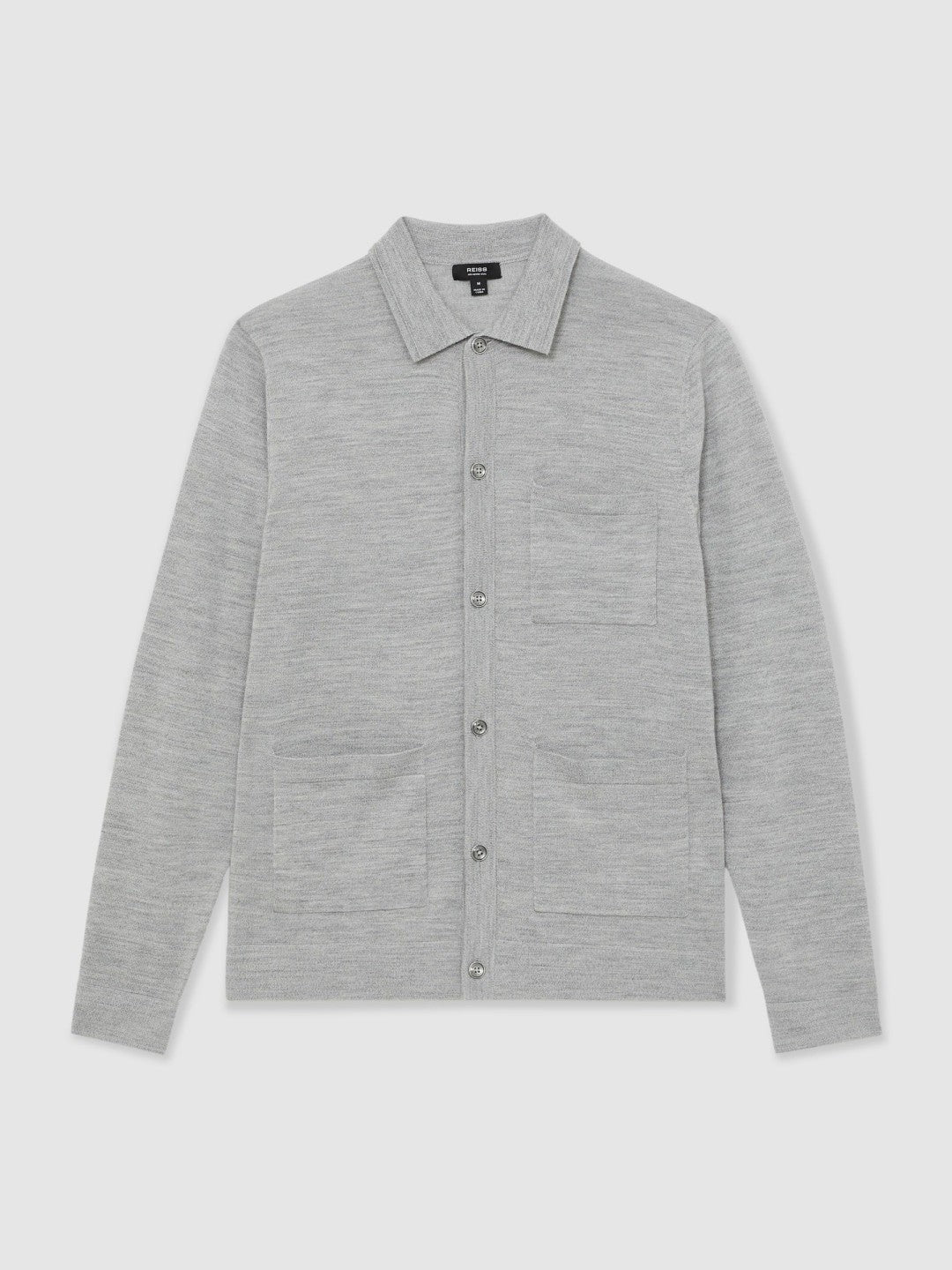 Merino Wool Button-Through Shirt in Soft Grey Mouline | Reiss Men Recommended