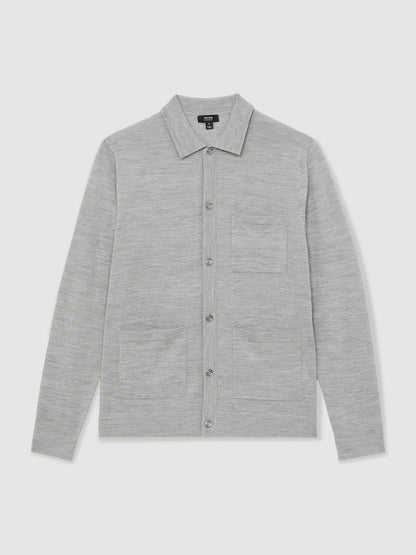 Merino Wool Button-Through Shirt in Soft Grey Mouline | Reiss Men Recommended