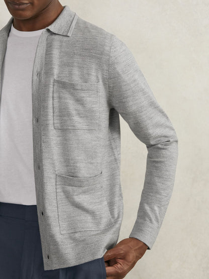 Merino Wool Button-Through Shirt in Soft Grey Mouline | Reiss Men Recommended