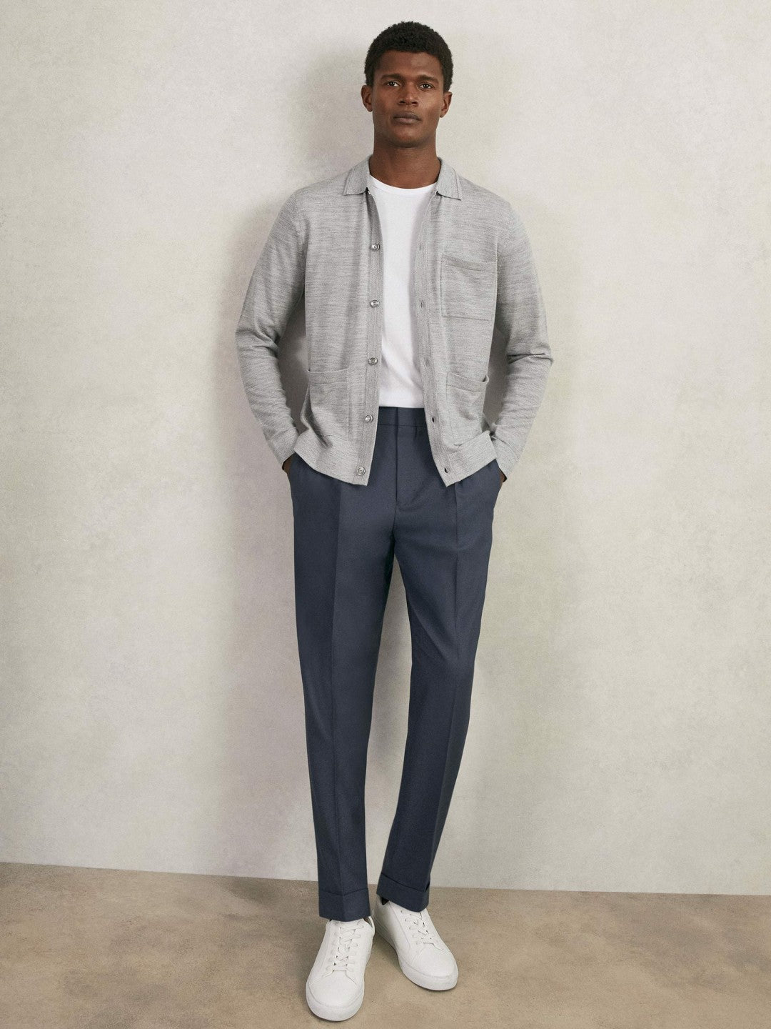 Merino Wool Button-Through Shirt in Soft Grey Mouline | Reiss Men Recommended