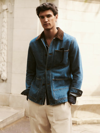 Corduroy Collar Denim Worker Jacket in Denim Blue | Reiss Men New