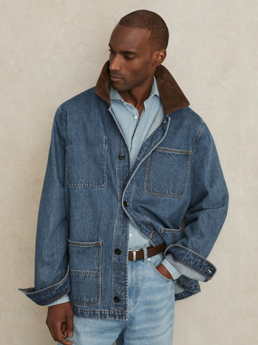 Corduroy Collar Denim Worker Jacket in Denim Blue | Reiss Men New