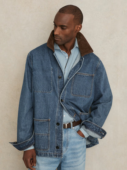 Corduroy Collar Denim Worker Jacket in Denim Blue | Reiss Men New