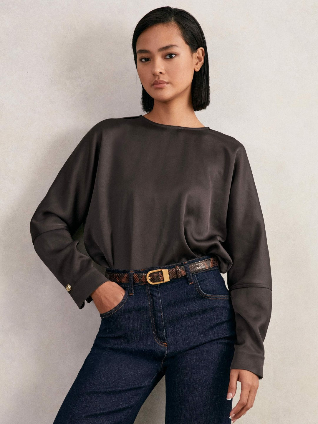 Satin Button-Back Long-Sleeve Top in Mauve | Reiss Women Signature
