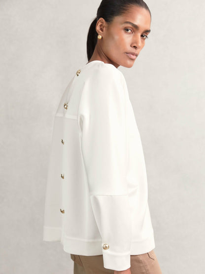 Satin Button-Back Long-Sleeve Top in Ivory | Reiss Women Trending