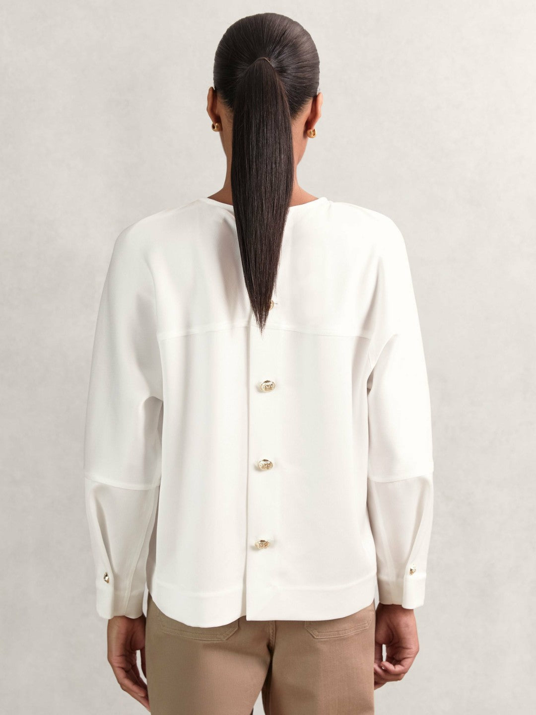 Satin Button-Back Long-Sleeve Top in Ivory | Reiss Women Trending