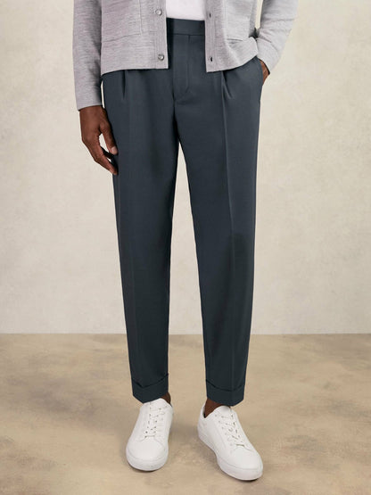 Relaxed-Fit Pleated Tapered Trousers in Steel Blue | Reiss Men New