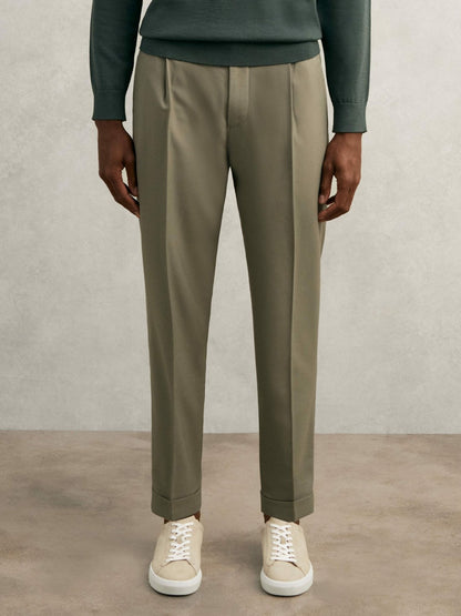 Relaxed-Fit Pleated Tapered Trousers in Sage | Reiss Men Signature