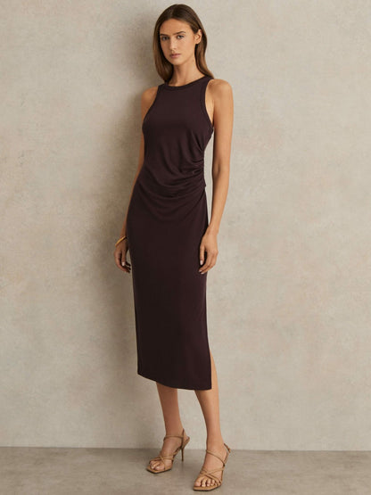Jersey Ruched Racer Midi Dress in Burgundy | Reiss Women Trending