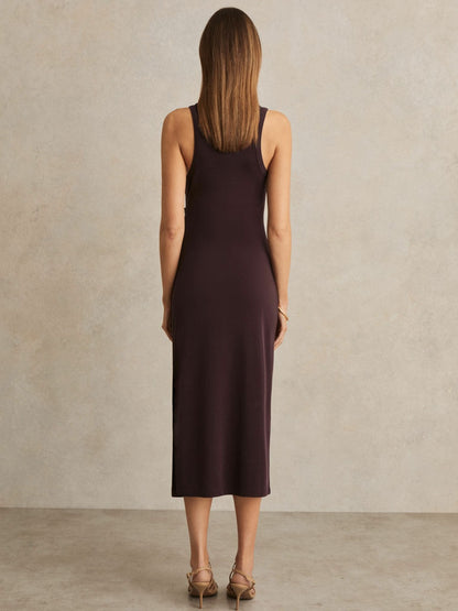 Jersey Ruched Racer Midi Dress in Burgundy | Reiss Women Trending