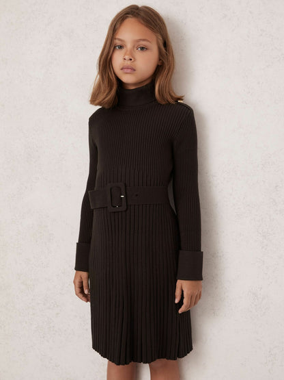 9-13 yrs Rib-Knit Roll-Neck Belted Dress in Chocolate | Reiss Children & Baby Trending