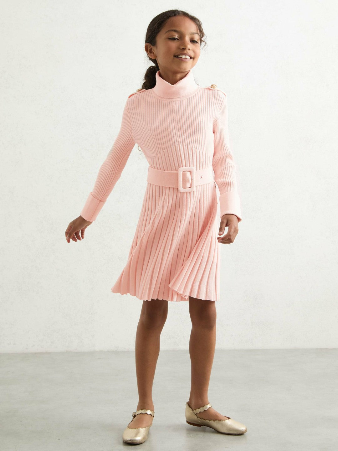 9-13 yrs Rib-Knit Roll-Neck Belted Dress in Pink | Reiss Children & Baby Featured