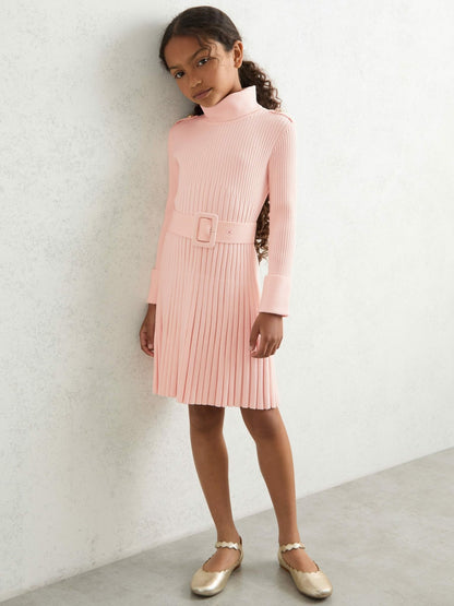 9-13 yrs Rib-Knit Roll-Neck Belted Dress in Pink | Reiss Children & Baby Featured