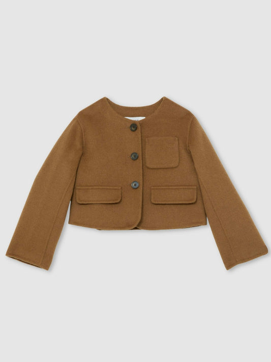 13-14 yrs Wool-Blend Cropped Collarless Jacket in Camel | Reiss Children & Baby Recommended