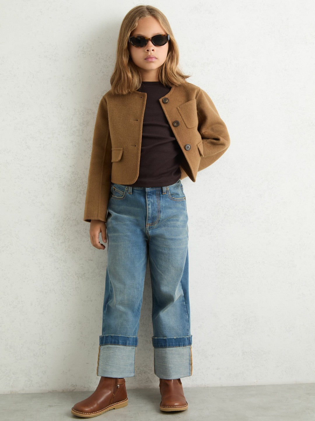 13-14 yrs Wool-Blend Cropped Collarless Jacket in Camel | Reiss Children & Baby Recommended