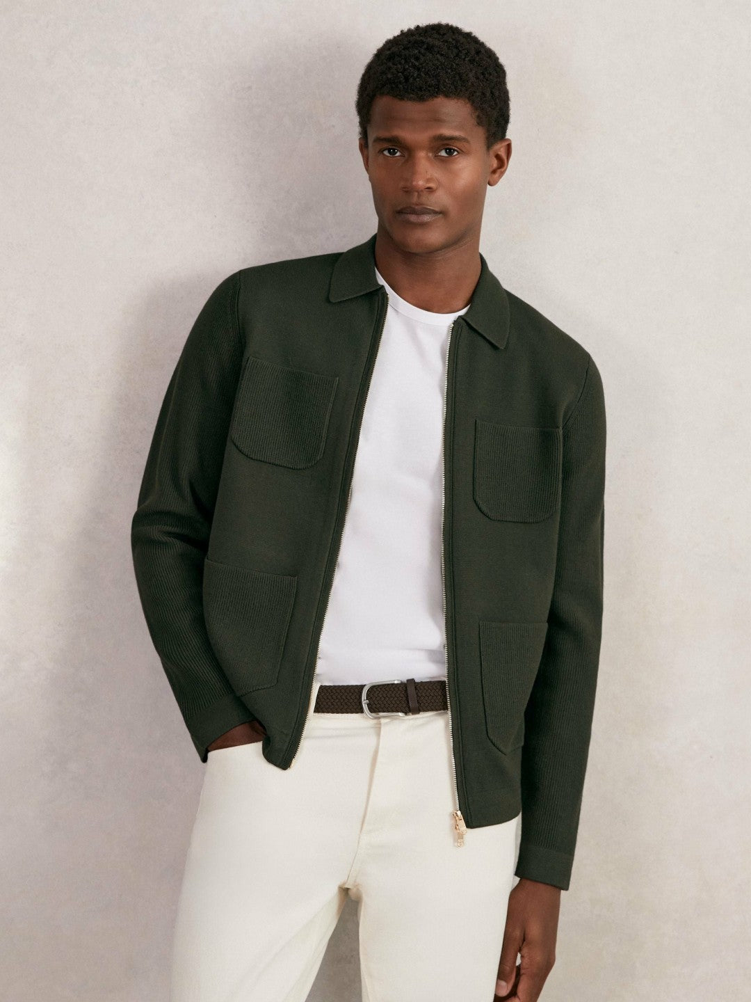 Four-Pocket Zip-Through Cardigan in Forest Green | Reiss Men New