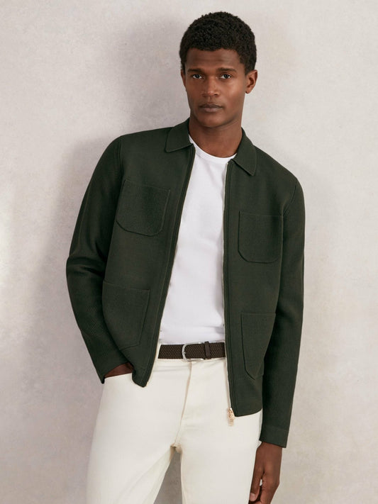 Four-Pocket Zip-Through Cardigan in Forest Green | Reiss Men New