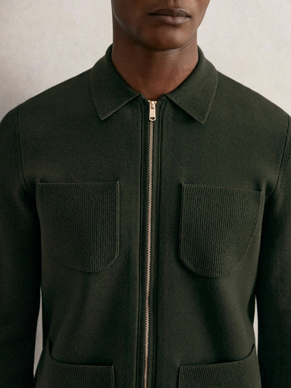 Four-Pocket Zip-Through Cardigan in Forest Green | Reiss Men New