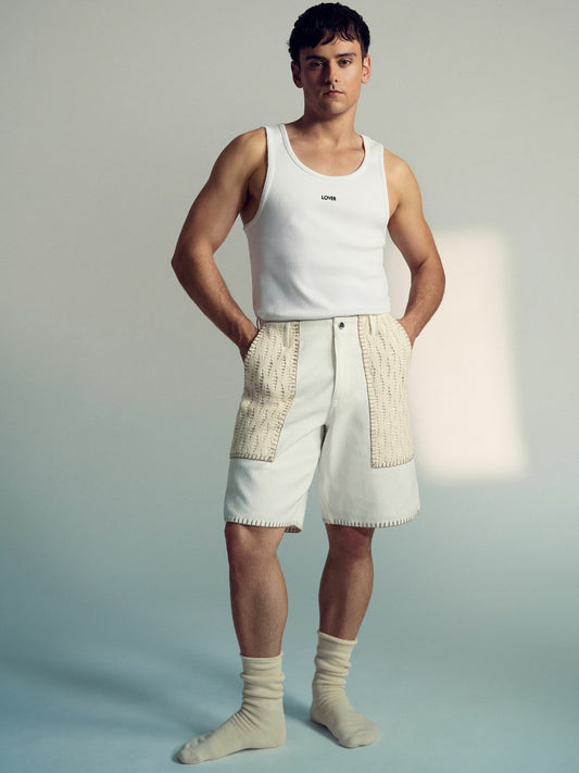 | Tom Daley Crochet Denim Shorts in Off White | Reiss Men Best Seller