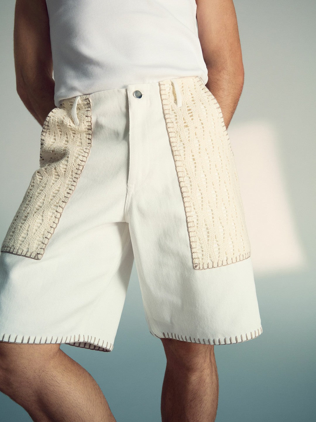 | Tom Daley Crochet Denim Shorts in Off White | Reiss Men Best Seller