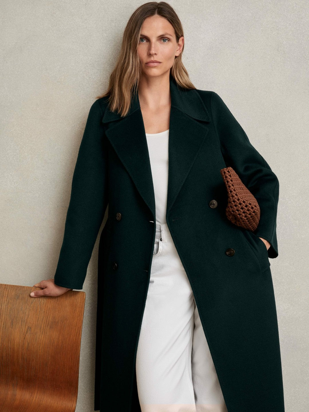 Petite Double-Breasted Blindseam Coat Wool-Blend in Green | Reiss Women Exclusive
