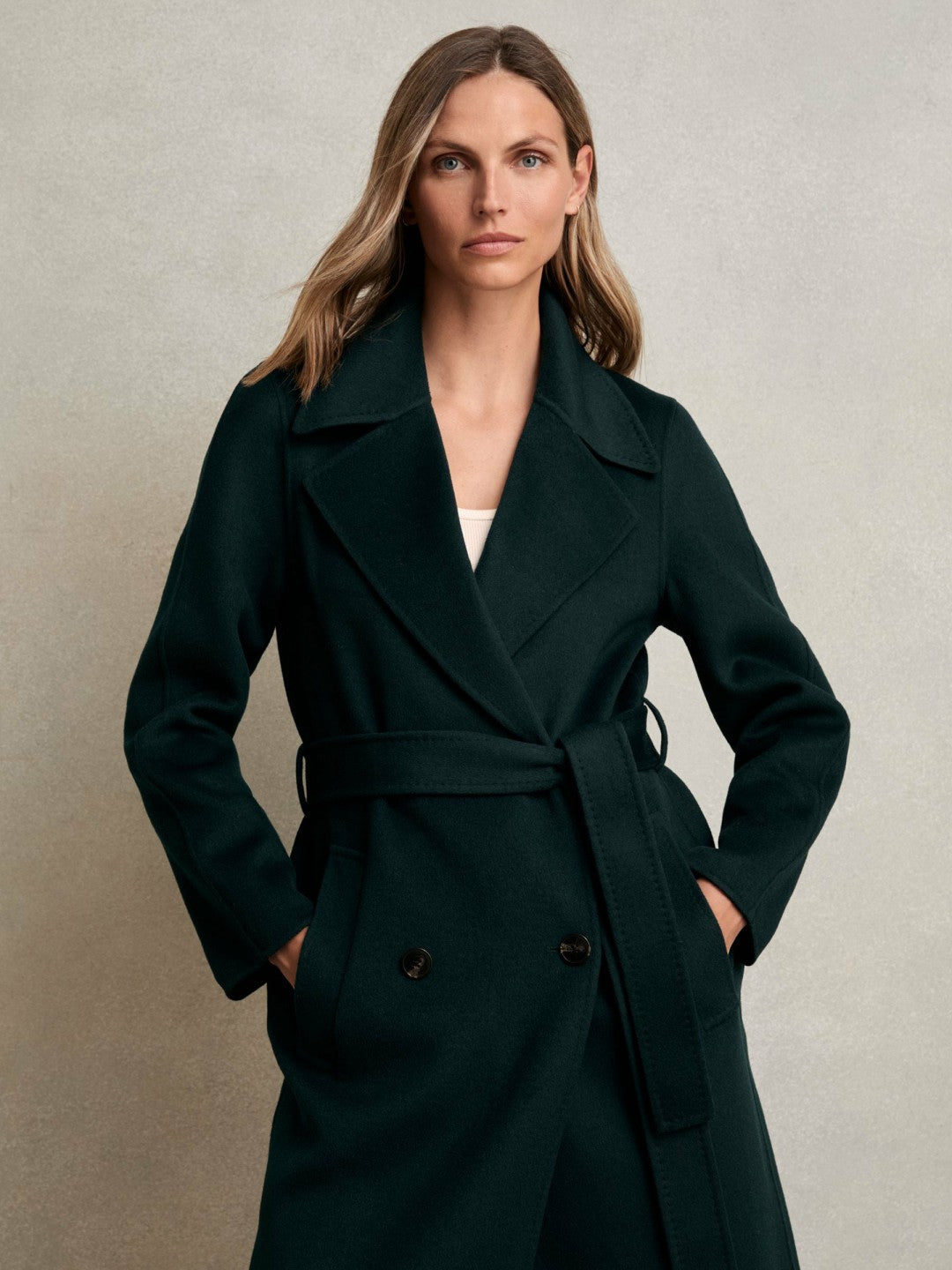 Petite Double-Breasted Blindseam Coat Wool-Blend in Green | Reiss Women Exclusive