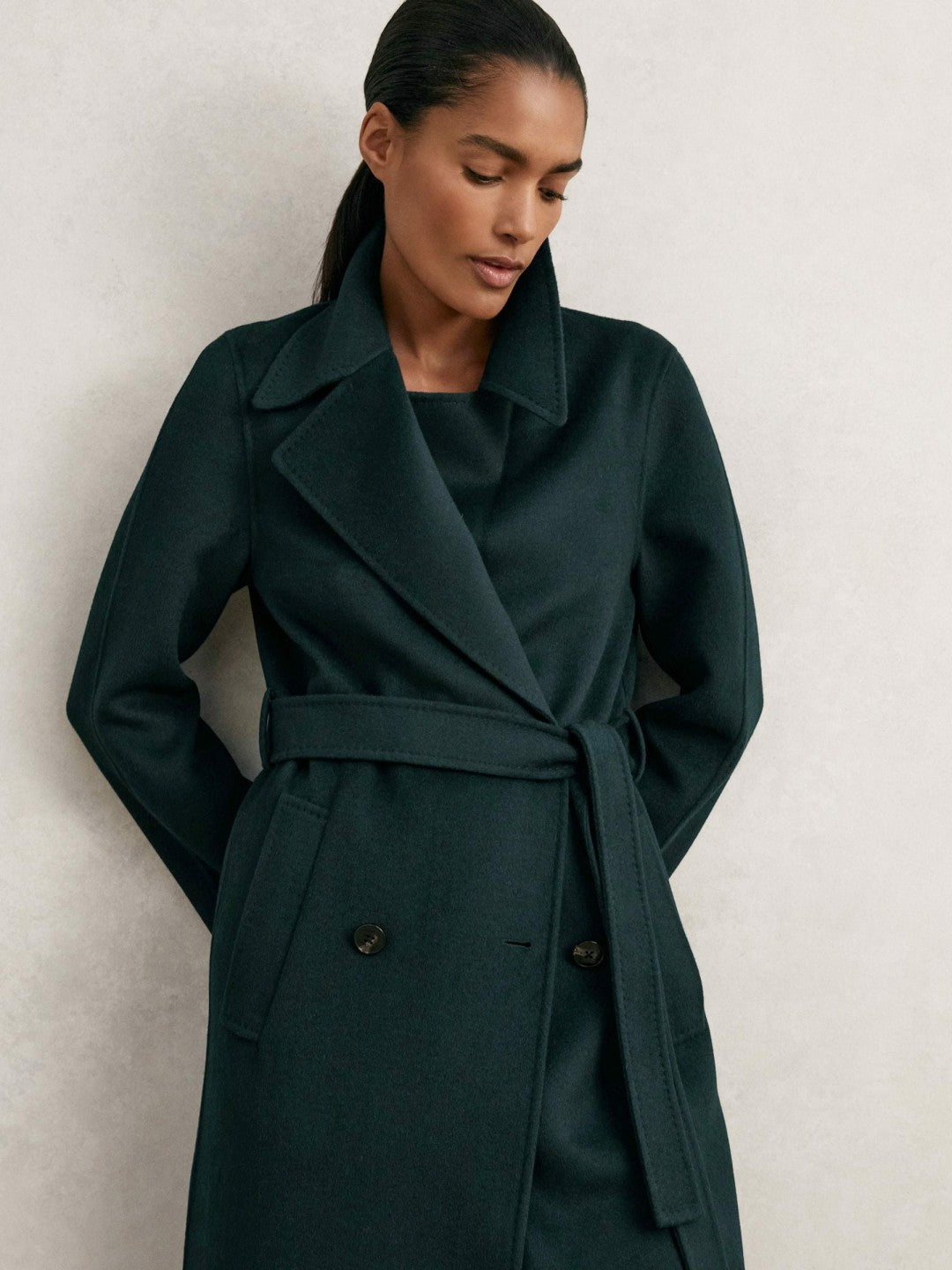 Petite Double-Breasted Blindseam Coat Wool-Blend in Green | Reiss Women Exclusive