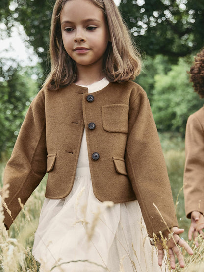 9-13 yrs Wool-Blend Cropped Collarless Jacket in Camel | Reiss Children & Baby Premium
